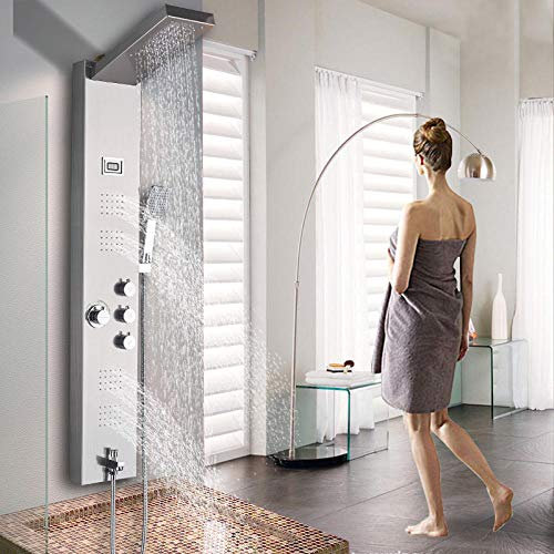 Gebürstetes Nickel-Edelstahl-Wasserfall- und Regen-Duschpaneel mit Massagesystem Wanneneinlauf mit Handbrause-Duschsäule