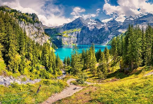 Holz-Bild 120 x 80 cm: Malerischer Sommerblick auf den einzigartigen Oeschinensee. Sonnige Morgenszene in den Schweizer Alpen mit Bluemlisalp-Berg, Kan (89423867)