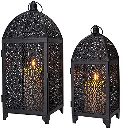 TRIROCKS Set of 2 Vintage Decorative Candle Holder 42 & 31cm High Metal Hanging Lantern with Hollow Pattern for Living Room Garden Parties Indoors (Black)
