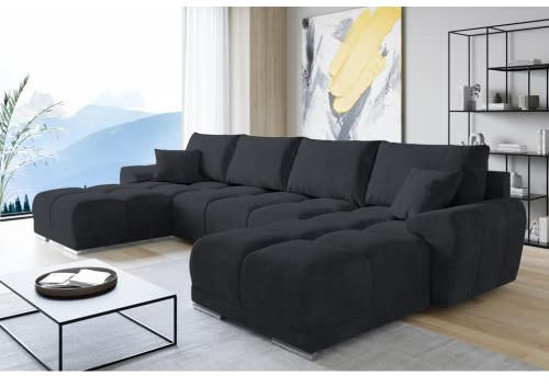 ML Furniture Velvet Ecksofa in U-Form – Schwarz Sofa – Couch mit Stauraum und Kissen - Ausziehbares Schlafsofa – Sofa mit Schlaffunktion - Schlafsofa mit Bettkasten – Gästebett – 365 x 189 cm