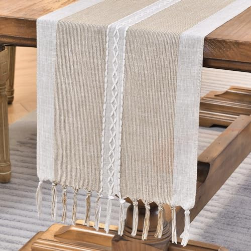 Wracra Camino de Mesa Algodón Lino, Camino de Mesa Café Lavable | 33×230 cm, diseño sencillo bordado, rústico moderno, resistente al calor, grueso y resistente, comedor, decoración del hogar
