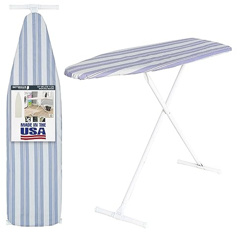 Full Size Ironing Board with Cover & Pad – Made in USA by Seymour Home Products Adjustable Steel T-Legs, 35 High Perforated Top for Steam Durable Iron Board for Home, Laundry Room (Blue Stripe)