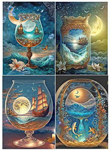 Diamond Painting 4er Set 40x50 cm 5D Diamant Painting Bilder Erwachsene Weinglas Flasche Segelboot Sternenklarer Himmel Mond Fische das Meer Diamant Malerei kits Malen nach Zahlen Bastelset Puzzle