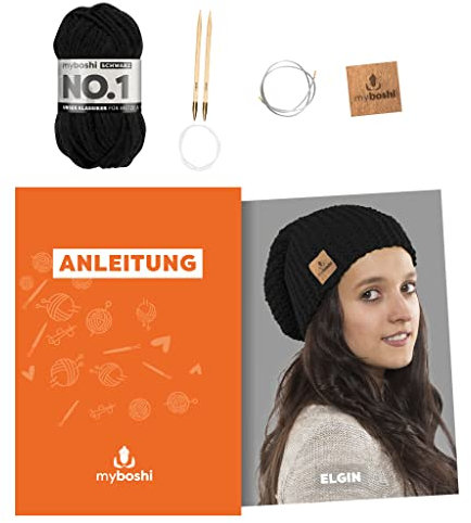 myboshi Strickset Mütze Elgin, Strickset für Anfänger, inkl. No.1 Wolle, Nadel und Anleitung, Label, Strickpaket, 30% Merinowolle Schwarz mit Rundstricknadel