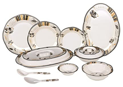 Juego de vajilla de melamina de 36 piezas, diseño contemporáneo de flores, inastillable, ligero, platos y cuencos artesanales de doble cuenta, cena de esmalte reactivo sólido (gris y naranja)