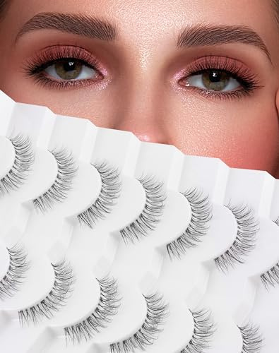 Feenhaftes Streifenwimpern, die wie Extensions aussehen, klare Bandfalsche Wimpern Natürlicher Look 3D Volumenwimpern Kurze Wispy Fake Wimpern Pack 7 Paare 10MM