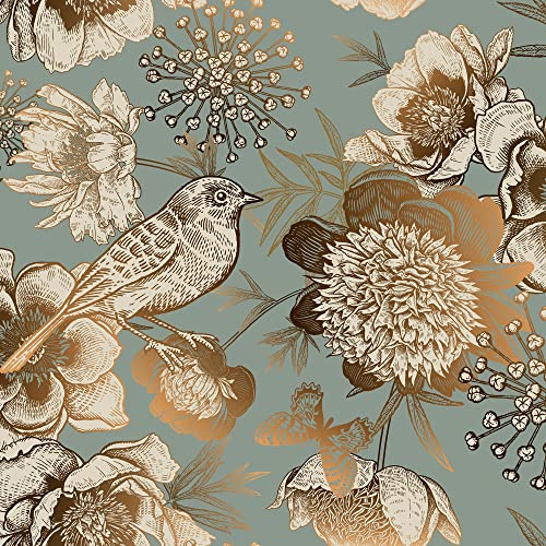 ReWallpaper 17.5inx39ft Gold Peel and Stick Wallpaper Vintage Floral Wallpaper Gold Birds Floral Removable Wall Paper Stickers for Wall Bedroom Living Room Decor Self Adhesive Teal Vinyl Contact Paper