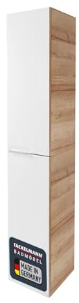 FACKELMANN B.Brillant Hochschrank hängend – Hängender Badezimmerschrank mit Front aus lackiertem Glas – Viel Stauraum & Soft-Close – Badschrank in Weiß & Eiche (30 x 162 x 32 cm)