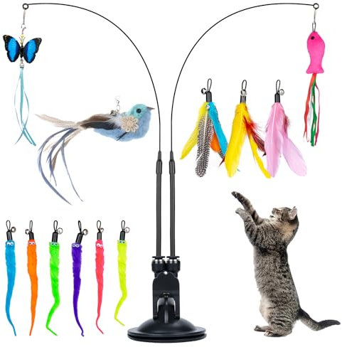 Qoosea 15 Stück Katzenspielzeug Spielzeug mit Federn, Interaktives Katzenspielzeug mit 1 Starkem Saugnapf und 2 Teaser-Stäbe, Intelligenz Katzen Spielzeug Set Kleine Große Katzen