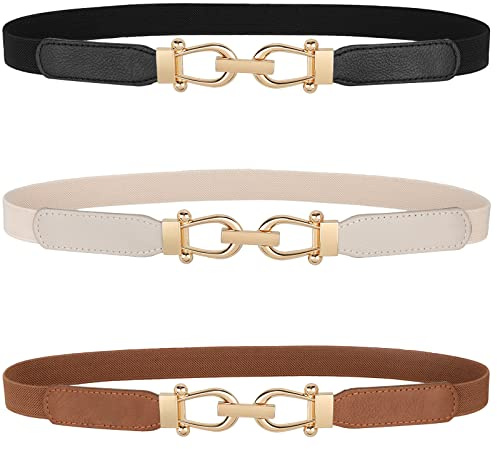 WERFORU Kvinnor tunt elastiskt bälte för kläder, tunt retro stretch midjebälte med gyllene spänne, C-svart + brun + beige, Länge 90cm(für Taille Größe 103-114cm)