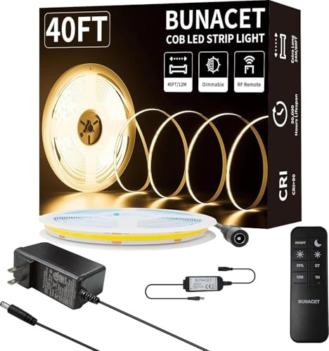 BUNACET COB LED Streifen 12M 24V, LED Strip Dimmbar Warmweiß 3000K, CRI90+ Flexibel LED Band, 8mm Breit, LEDs mit Netzteil RF Fernbedienung für Küche, Schlafzimmer, Wohnzimmer, Schrank, Innen