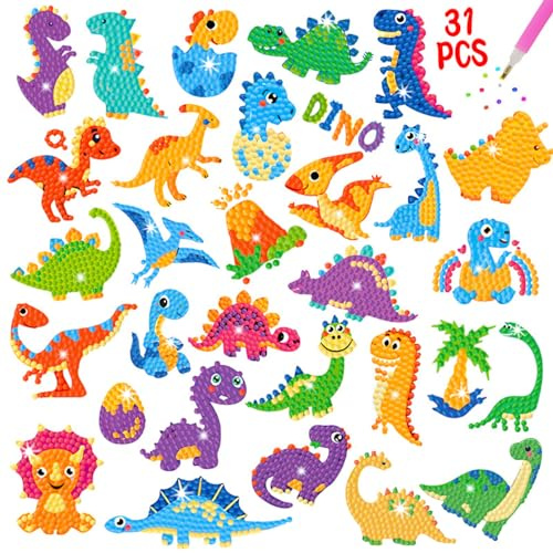 Acuiwer 31 Piezas 5D Kit de Pintura Diamond Painting Dinosaurios para Niños Pintura Diamantes DIY Diamantes Pegatinas para Niños (#13-Dinosaurio-31piezas)