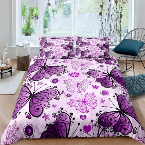 Bettwäsche 140x200 Bettbezug Winter Bettwäsche-Sets Schmetterling Lila 3D Muster Weich Baby bettwäsche Set Hypoallergen Kinder bettwäsche mit 2 Kissenbezüge 80x80 cm
