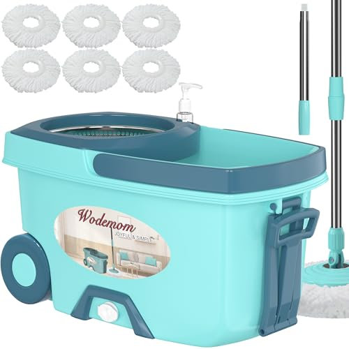 Mopa y cubo con juego de escurridor, sistema de fregona giratoria y cubo, fregonas para limpieza de suelos, herramientas de suministros para el hogar con 6 recambios de repuesto, mango extendido de 61