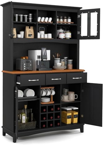 TANGZON Kitchen Storage Sideboard, Cupboard Storage Cabinet with Countertop, 9 Wine Compartments, Drawers, Adjustable Shelves and Glass Doors, Living Room Freestanding Buffet Storage Units (Black)