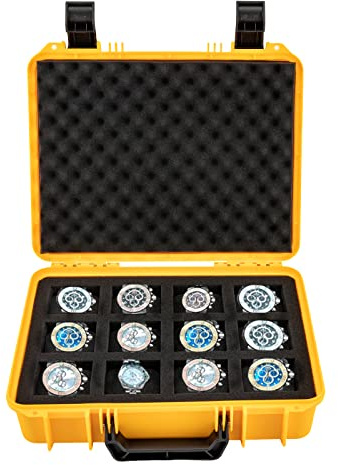 Watch Travel Case, 12 Slot Watch Collector Box, Shockproof Carry Case Storage Box for Watch with Security Lock Hole, for Watch Shops, Homes, Studios, Travel, 33.5 * 25 * 6.5cm, Yellow