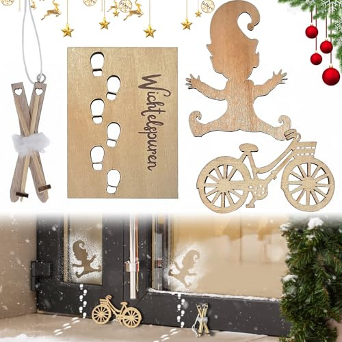 HXUING 4 Stück Wichtel Fußabdrücke Schablone, Wichtelschablone Fußabdrücke Weihnachten Wichtel Zubehör Fußabdruck Schablone, Holz Fußabdruck Schablonen Con Miniatur-Ski und Wooden Bicycle