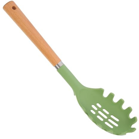 OKUMEYR Silicone Powder Grip Pasta Fork and Spoon for Kitchen Cooking Spaghetti Server Comfortable Wood Handle Noodle Fork Spoon for Pasta Serving Random Color