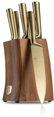 Berlinger Haus Lot de 6 couteaux en acier trempé 3cr13 avec support en bois d'acacia/or champagne