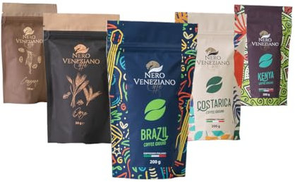 Kit Assaggio Nero Veneziano, Caffè Macinato MOKA, 3 Confezioni da 200 g Kenya, Costarica, Brazil + 1 Confezione Orzo Solubile da 50 g + 1 Confezione Caffè Solubile Ginseng da 100 g