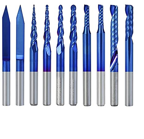 Router Bits 10 Pcs Blue Nano Solid Carbide Engraving Bit 3.175mm Shank Ball Nose with Single Flute Spiral and Flat Bottom CNC End Mill Woodworking Router Bit Wood Milling Cutter Mill Drill Bit
