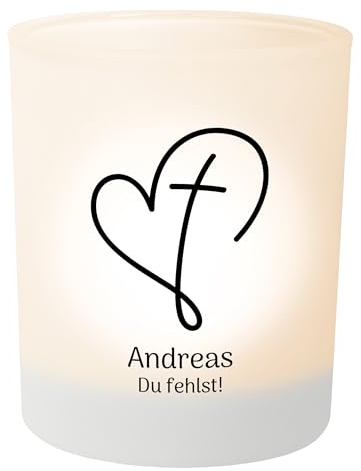 Personalisierter Teelichthalter Kreuz in Herz – Teelichtglas, Gedenklicht für Verstorbene, Geschenk für Trauernde - Trauerlicht personalisiert mit Wunschtext