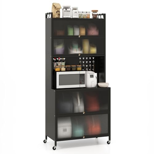 COSTWAY Meuble Cuisine Rangement 6 Niveaux, Etagere Rangement Cuisine en Fer, Portes Battantes, Panneau Perforé, 10 Crochets, Armoire à Roulette, Support Micro-Ondes (Noir)
