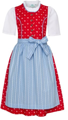 Isar-Trachten Children's Dirndl 3-Piece Red Dress / White Blouse / Light Blue Apron for Girls Oktoberfest Church Consecration Wedding Sunday Trip