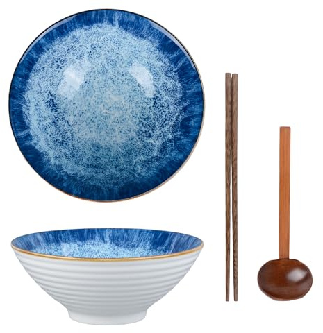 YASHIIN Ramenschüssel-Set mit Holzlöffel und Essstäbchen, japanische Porzellanschale, langlebig, elegantes Design, perfekt für Nudeln, Suppe, Salat, Müsli, Geschirrspüler, 19,1 cm