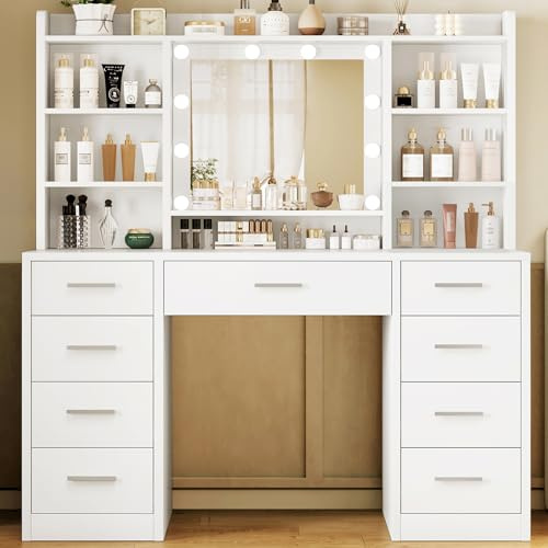 TEENFON Dressing Table with 3-Color LED Lights Mirror, Adjustable Brightness, Vanity Table Makeup Desk with 9 Drawers and 7 Storage Shelves, Modern Vanity Desk for Bedroom Dressing Room, White