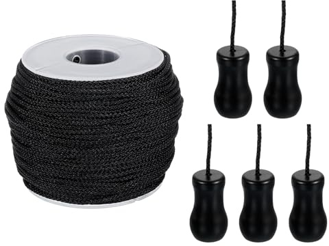 sourcing map Cuerda de persiana romana de 50 yardas, 1.8 mm, cuerda trenzada de elevación con 5 pomos de madera para persianas, persianas romanas, manualidades, color negro