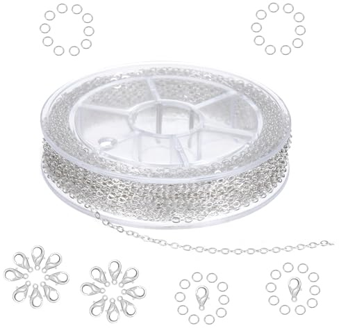 Silber Ketten Seiber Machen Set 10m Edelstahl Schmuckkette 1,5 mm Gliederkette zum Silikonperlen Schmuck Kette mit Karabinerverschluss & Sprung Ringe Basteln Zubehör für Basteln Schmuckherstellung
