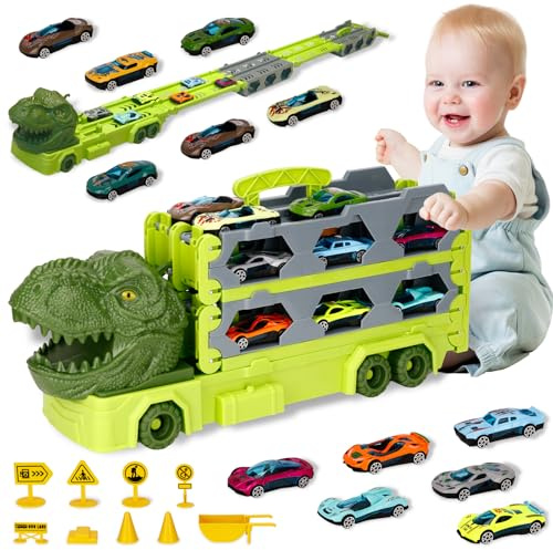 BBWELL Dinosaurier Transport Truck,Transport Truck Spielzeugautos,170cm Spur Rennwagen Autotransporter Spielzeug,Dinosaurier Spielzeug Auto,LKW mit 12 Autos Spielzeugs,Kinderspielzeug Ab 3 Jahre