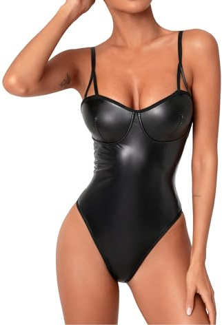 GIVTULIP Women Sexy Wetlook Bodysuit One Piece Leather Teddy Lingerie V Neck Backless Leotard Babydoll Sleeveless Nightwear PVC Stretch Tops Catsuit Swimsuit High Cut Nightclub Party Outfits Black
