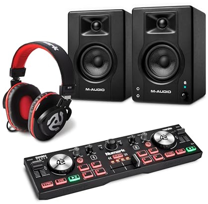 Numark DJ2GO2 Touch DJ Controller and M-AUDIO BX3 Pair Bluetooth Studio Monitors with Headphones for Studio Recording, Music Production, Podcasting, Streaming