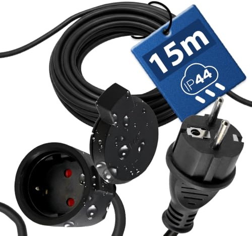 Rallonge Électrique Extérieure 15m IP44 3×1,5 mm² 2000W Noir Uni-Schuko | Câble Prolongateur Étanche avec Fiche et Prise Type F avec Clapet -Rallonge pour Tondeuse, Jardin, Chantier -Horoz Electric