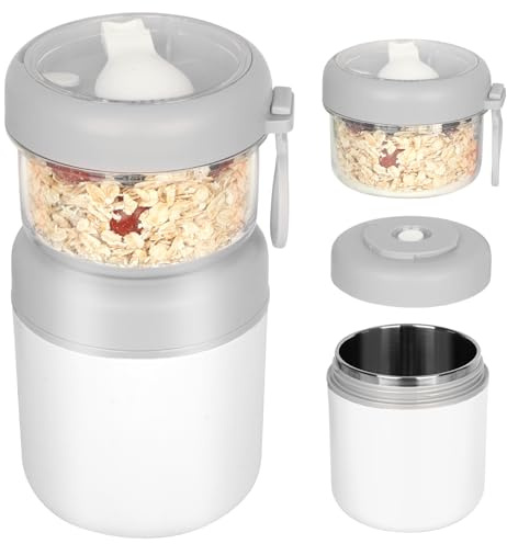 JASTOO Grand gobelet à céréales en acier inoxydable à emporter, yaourt, 530 ml + 330 ml, portable, anti-fuite, boîte à pain, boîte à déjeuner, boîte à céréales, yaourt, salade, riz, boîte à riz (blanc