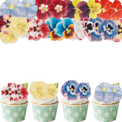 Gleevio 60 Stück Stiefmütterchen Tortendeko Blumen Essbar 10 Stile,Essbare Blumen Kuchen Deko,Essbare Blüten Tortendeko Geburtstag,Cupcake Deko Essbar,Esspapier Muffin Topper Hochzeit Jahrestag