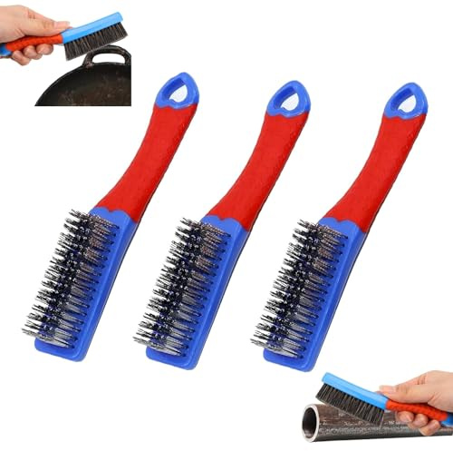 3PCS Wire Brush, 6-Row Silicone Blue Handle Steel Wire Brushes for Cleaning, Wire Brushes for BBQ Grill, Metal Surface Rust Removal, Industrial Equipment and Car Parts Maintenance