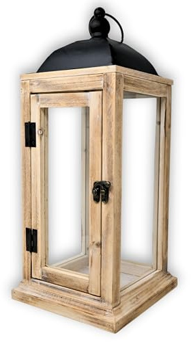 damaloo Große Laterne aus Holz 43 cm & Kerzenhalter – XXL Holzlaterne Vintage & Glaseinsatz – Deko Windlicht &Tür für innen & schwarzem Metalldach – Skandi Landhausstil Indoor Outdoor außen