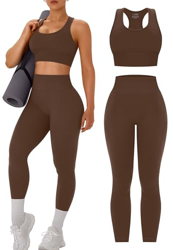 OLCHEE Womens Workout Sets 2 Piece - Acid Wash Seamless Yoga Outfits High Waist Leggings Padded Racerback Sports Bra Gym Set - Solid Brown X-Large