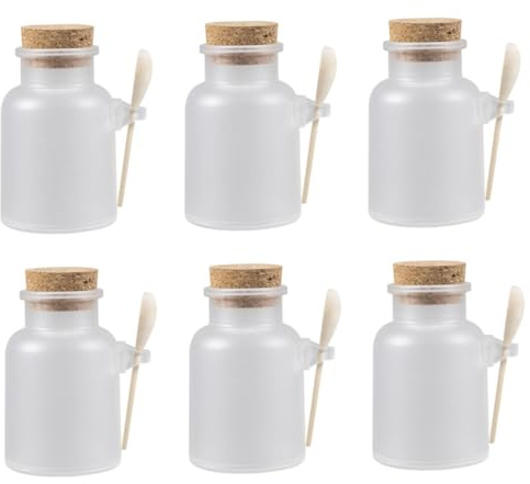 COLLBATH Lot de 6 Sets de Pots à Poudre Cuillère 100 G, Bouteilles Rechargeables en Plastique Transparent Dépoli et Bouchon en Liège, Accessoires de Bain pour Cosmétiques et Rangement