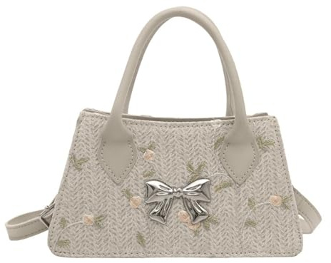 Bolso de playa para mujer con estampado floral bolso de paja cuadrado bolso de hombro a juego con lazo de compras Fechado bolso de hombro floral para mujeres paja playa tejido mensajero, Blanco