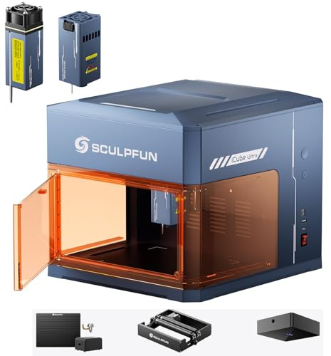 SCULPFUN iCube Ultra Dual Mini Laser Graviermaschine, mit PAC3 - Air Assist iAP & Kamera iCAM & Roller RAmini, 12W Diode und 1,2W Infrarot Laser, SCULPFUN APP, Laser Cutter mit Rauchfilter