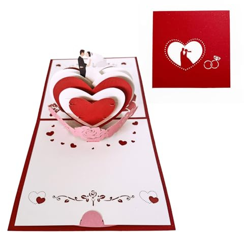 Fesnova 3D Pop Up Hochzeitskarte mit Herz Design, Romantische Grußkarte in Rot und Weiß, Handgefertigte Glückwunschkarte für Hochzeit