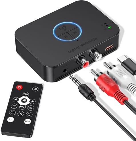Bluetooth 6.0 Adapter Stereoanlage, Kabelloser Bluetooth Audio Empfänger mit Aux 3.5 mm RCA Klinke, HiFi Blue-tooth Receiver mit 3D Surround, Blue-tooth Aux Adapter für AV Receiver/Stereoanlage/Tablet
