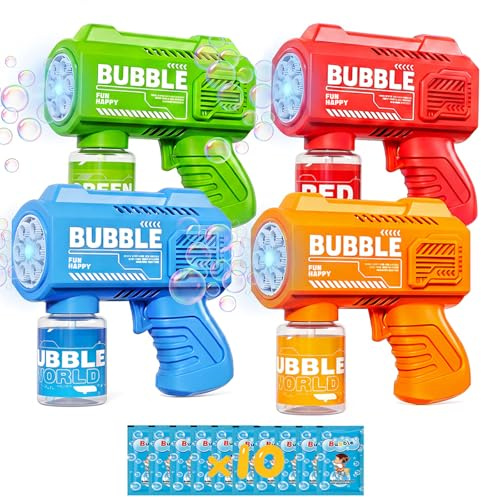 BUBOJOY 4PCS Pistolets à Bulles pour Enfants, Machine Bulles Automatique 5000+ Bulle par Minute avec Lumières/Solution(4 Flacons+10 Recharge),Souffleur de Bulles pour D'extérieur Cadeau Fête Mariage