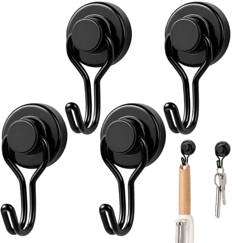 UMEGMBX 4 Pack Magnetic Hooks, Black Swivel Magnet Hook for Fridge Kitchen Camping Van Cruise, Heavy Duty Magnetic Coat Hanger for Metal Surfaces, Refrigerator Hook for Hanging Keys Towels