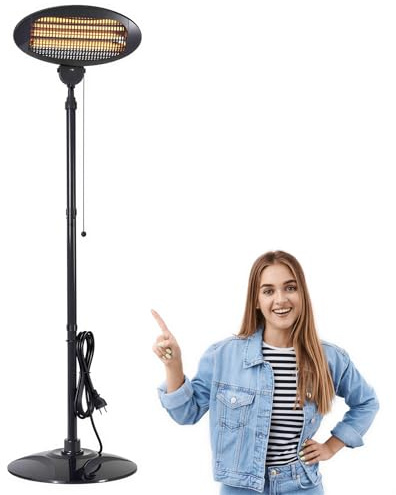 2KW Outdoor Electric Patio Heater – Free Standing Infrared Garden Heater with Adjustable Height & Tilt, 3 Heat Settings (650W/1350W/2000W), Weatherproof Design for Patio, Balcony & Outdoor Use – Black