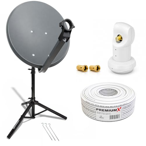 PremiumX Camping Satelliten-Komplettanlage 60cm Antenne SAT Single LNB 10m Antennenkabel Dreibein-Stativ 3X Stahl-Heringe